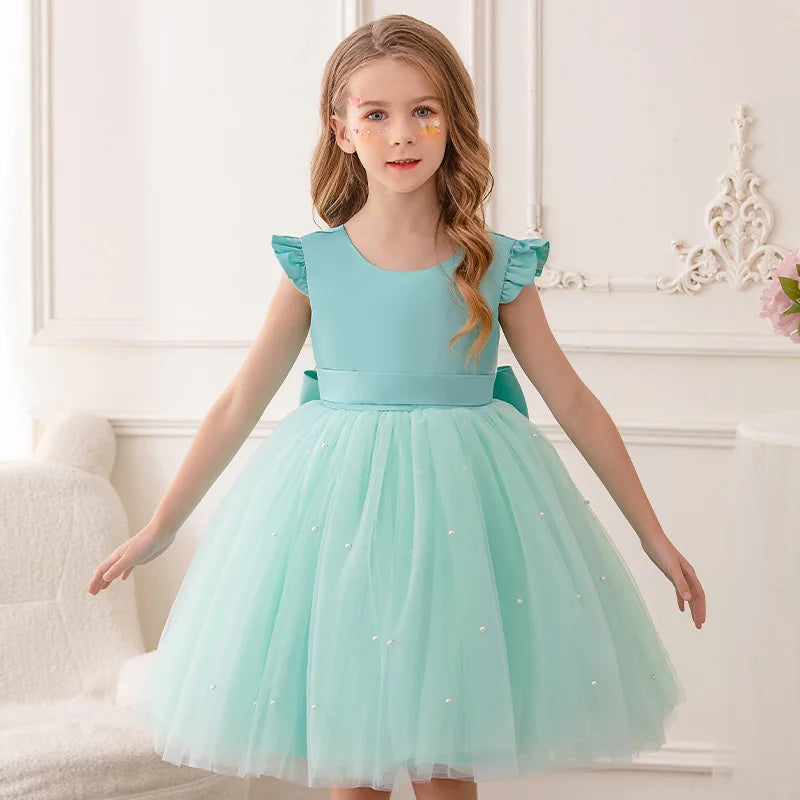 Flower Girl Dresses Birthday Tulle Dress Backless Bow Wedding Gown Kids Party Wear Princess Pink Baby Bowknot Toddler