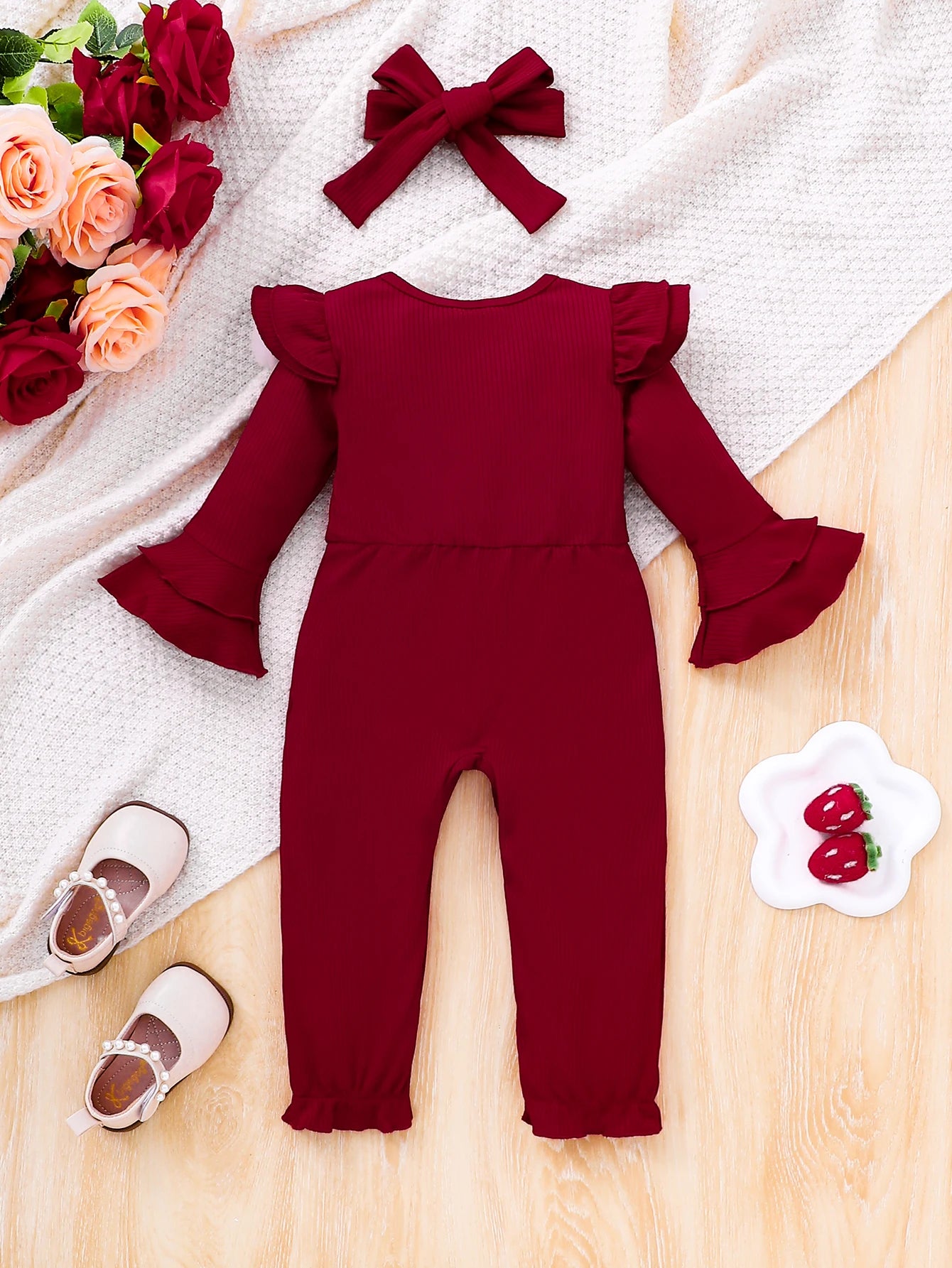 Spring Autumn Pink Baby Girl Romper with Ruffle Sleeves And Headscarf for Infants And Toddlers