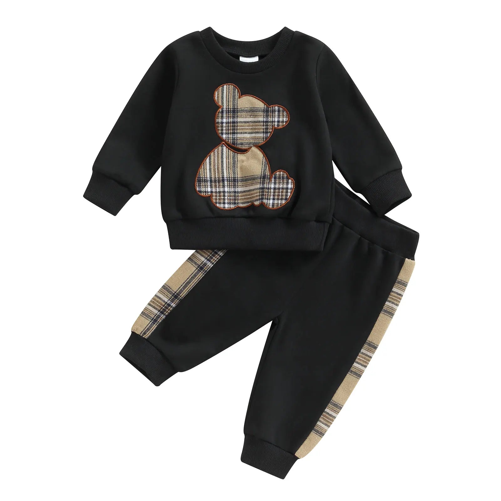 VISgogo Baby Girl Boy Clothes Spring Fall Outfits Long Sleeve Plaid Bear Sweatshirt Tops and Pants 2Pcs Casual Tracksuits
