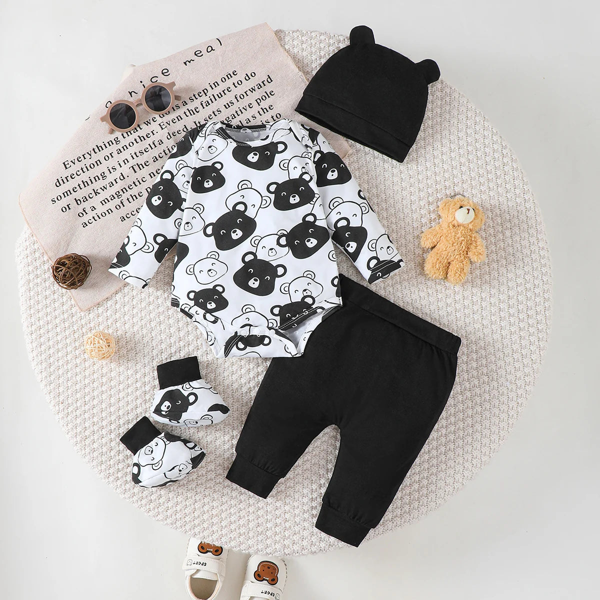 0-9 Months Baby Boy Set Little Bear Long Sleeve Bodysuit+Pants+Hat+Socks 4pcs/Set Baby Spring Autumn clothing Newborn
