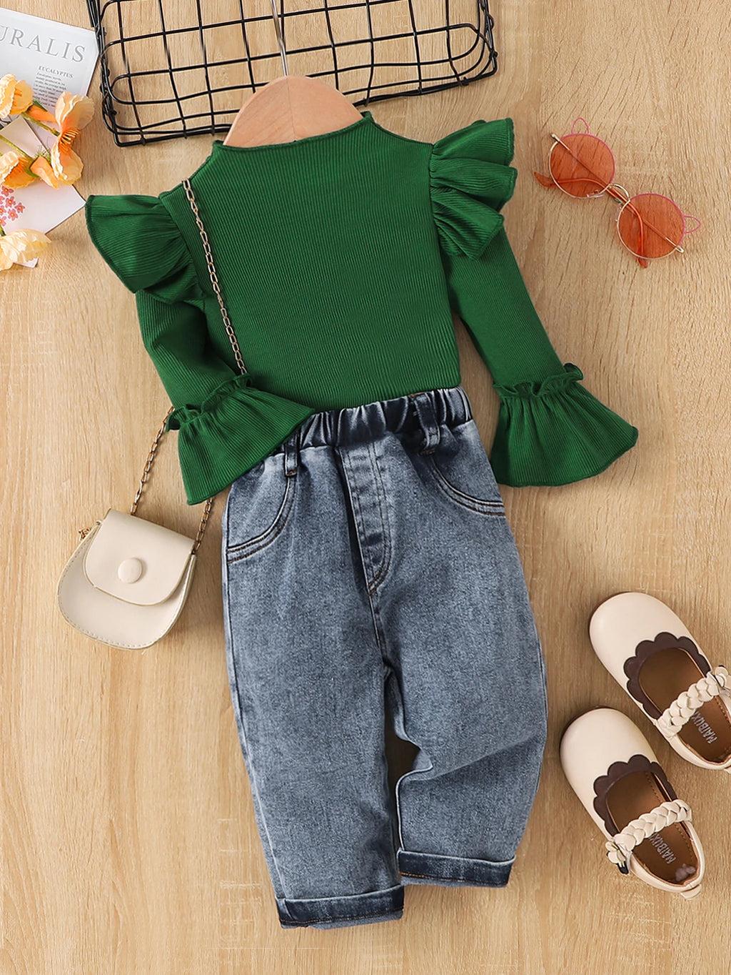 《Girls' Fashion Outfit | Dark Green Ruffled Knit Top + Distressed Jeans, Creating a Retro Trendy Look for Little Cuties》