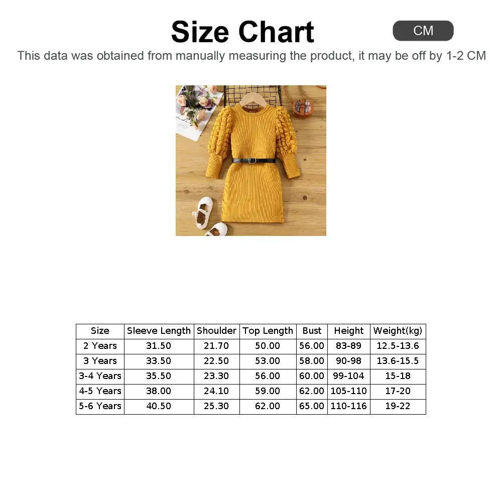 Toddler Girl Textured Ribbed Long Puff-sleeve Dress (Belt is not included)