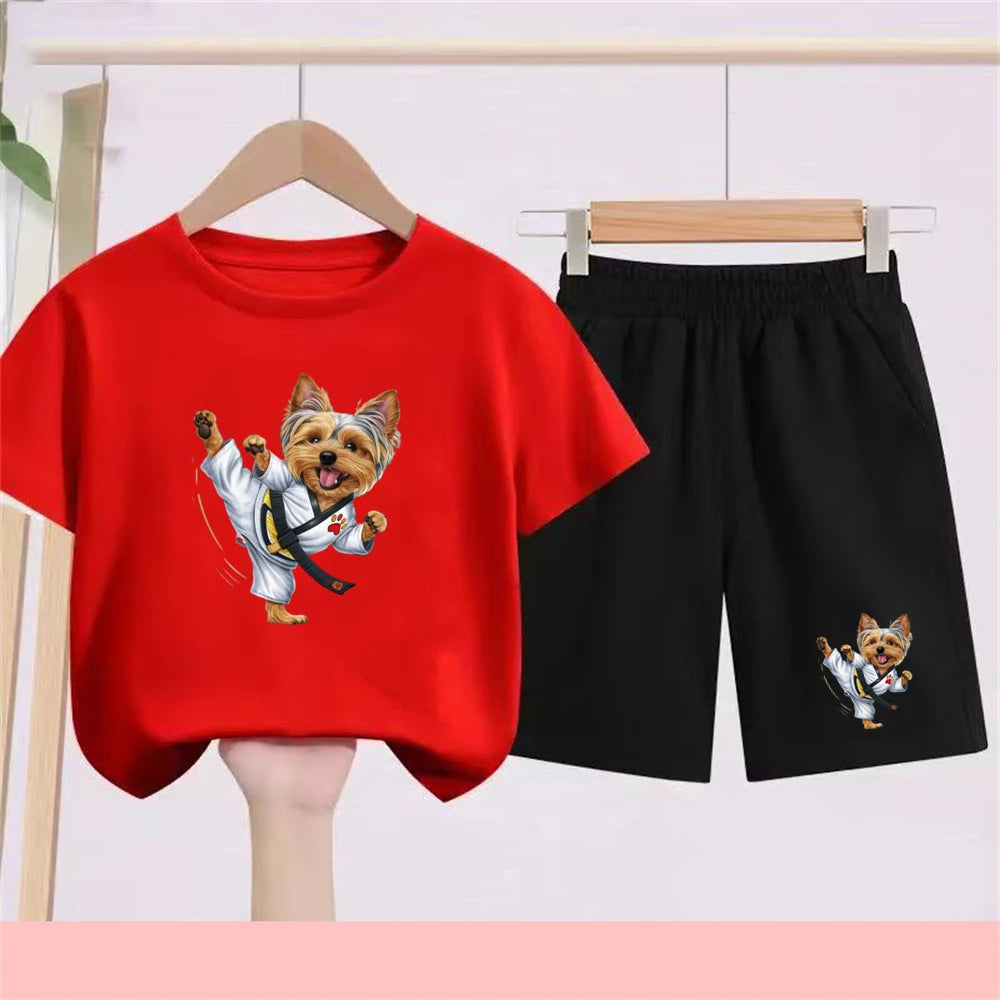 Kidsclick Kids’ Yorkie Dog Cartoon T-Shirt & Shorts Set – Summer 2-Piece Casual Outfit (Boys & Girls)