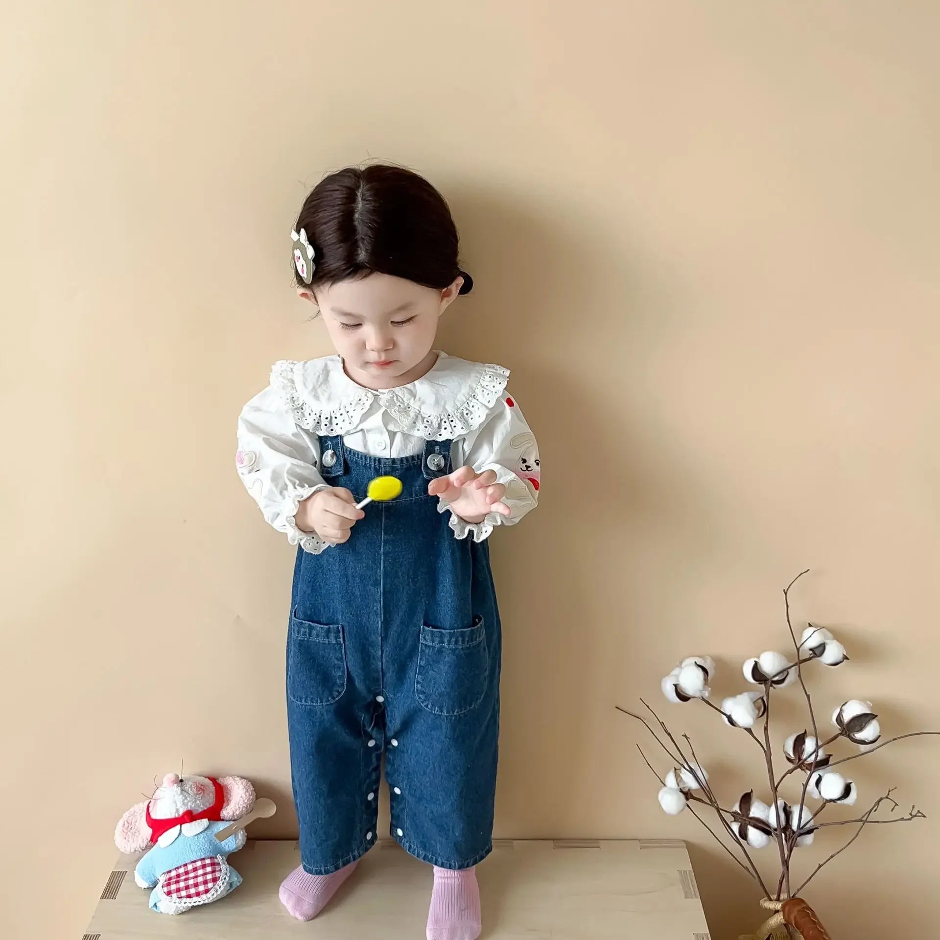 2025 Autumn New Baby Girl Sleeveless Denim Jumpsuit Toddler Girl Cute Rabbit Ear Overalls Infant Romper Kids Clothes 0-24M