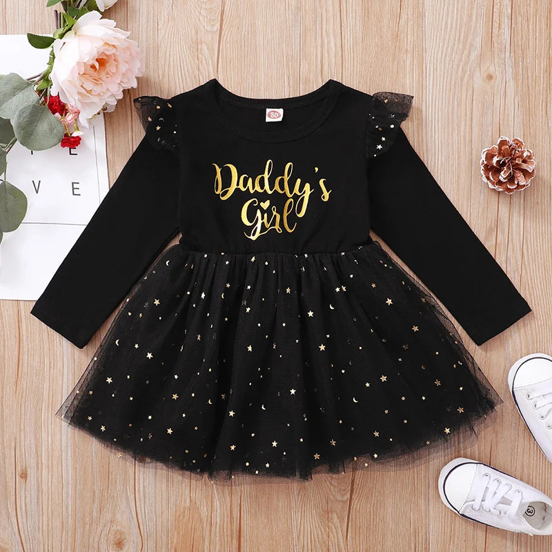 Kidsclick Baby Girl Letter Print Mesh Princess Dress – Long Sleeve Toddler Outfit