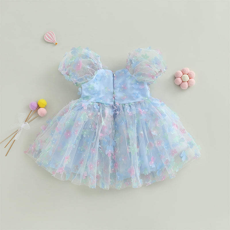 Kidsclick Baby Girl Princess A-Line Dress – Puff Sleeve Tulle Layered Dress with 3D Flower & Butterfly for Party & Birthday