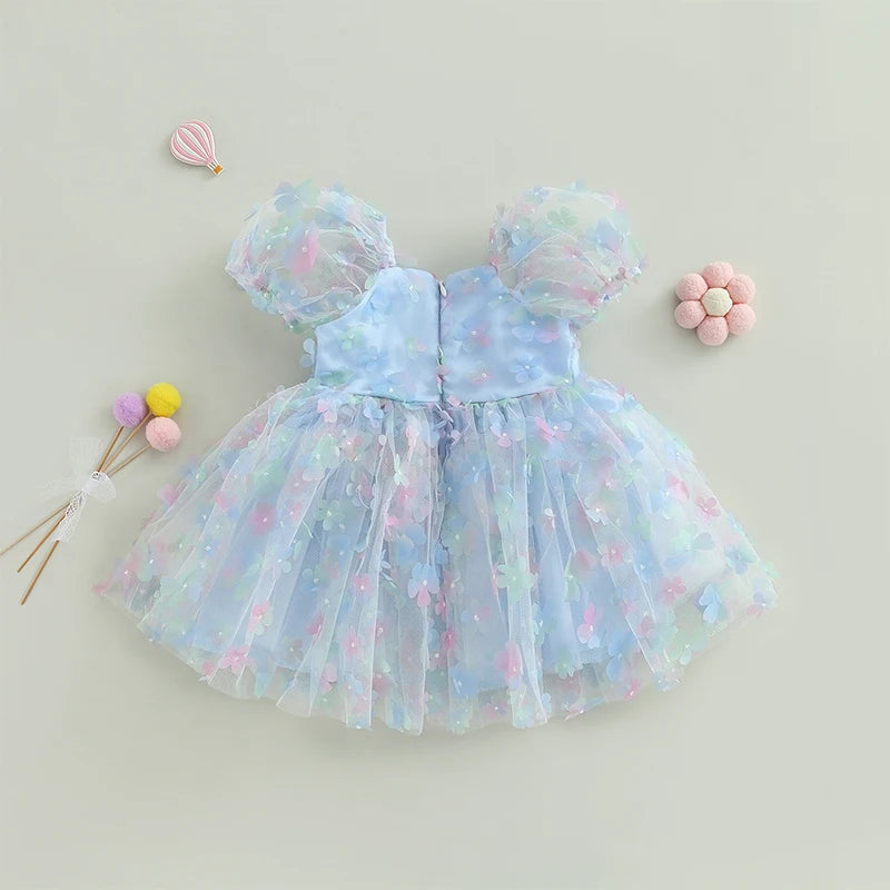 Kidsclick Baby Girl Princess A-Line Dress – Puff Sleeve Tulle Layered Dress with 3D Flower & Butterfly for Party & Birthday