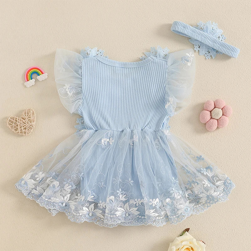 Kidsclick Baby Girl 3D Flower Embroidered Romper Dress with Headband