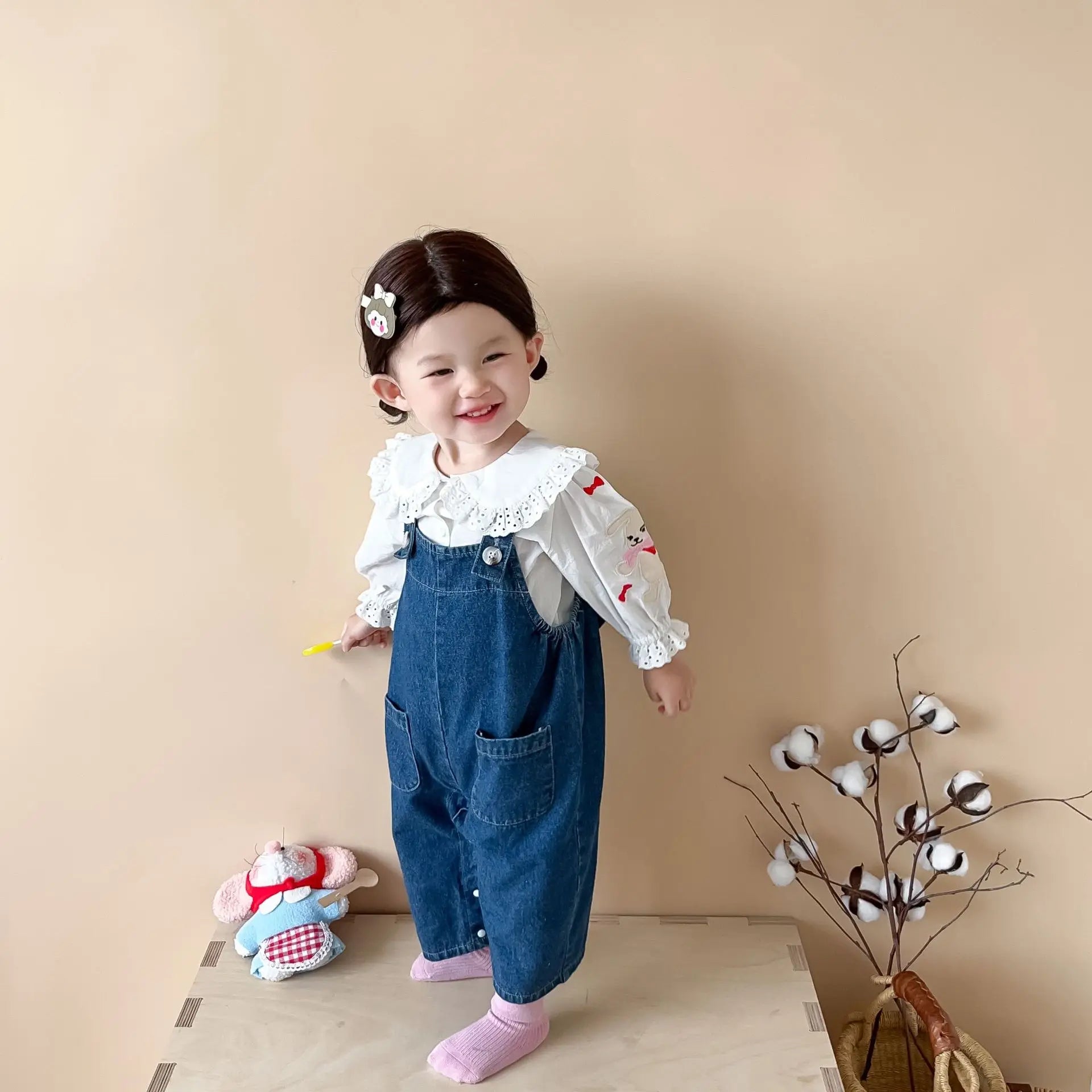 2025 Autumn New Baby Girl Sleeveless Denim Jumpsuit Toddler Girl Cute Rabbit Ear Overalls Infant Romper Kids Clothes 0-24M