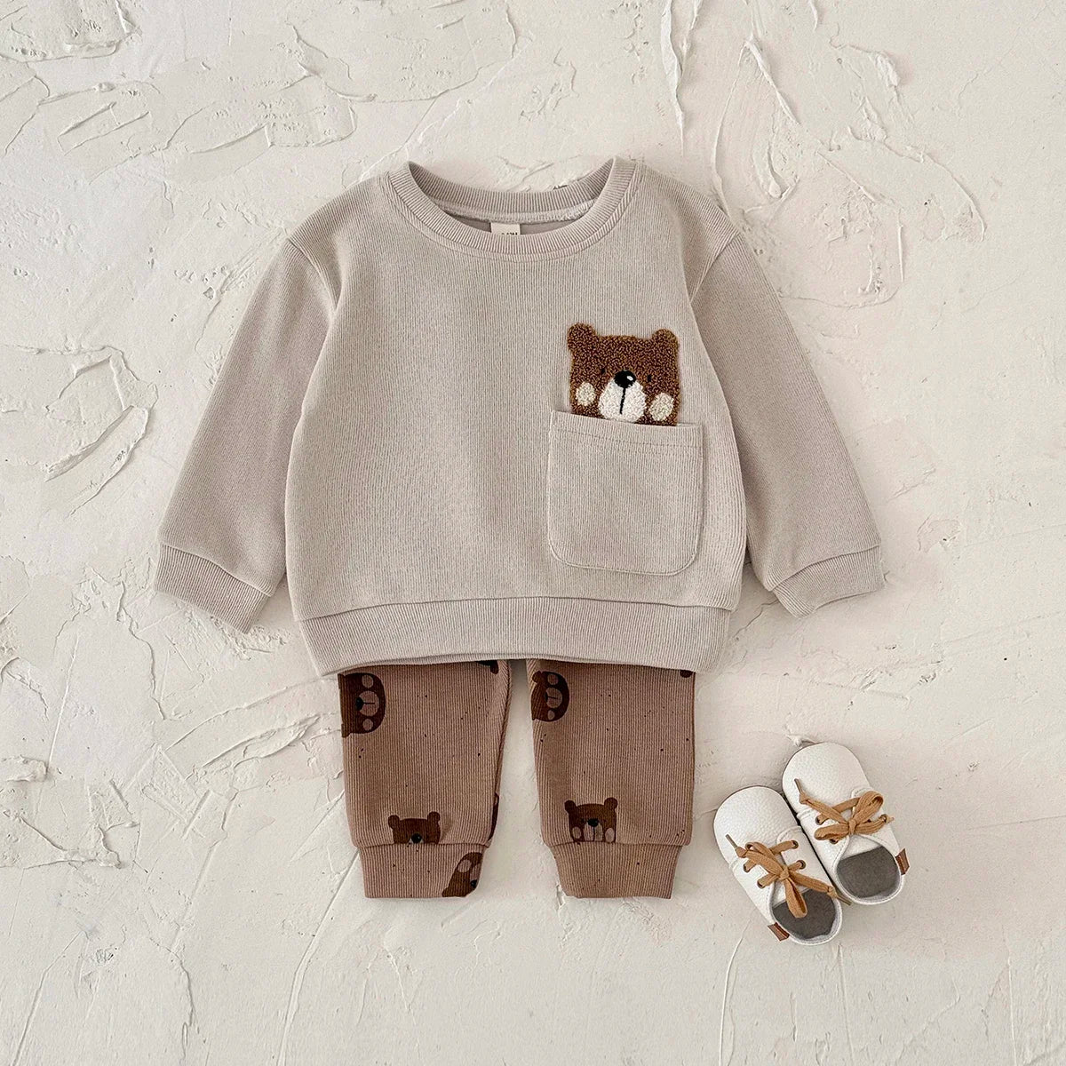 Korean Style Baby Boy Girl Clothes Set Breathable Fabric Bear Embroidery Pullover+All-over Bear Print Pants Infant Casual Outfit