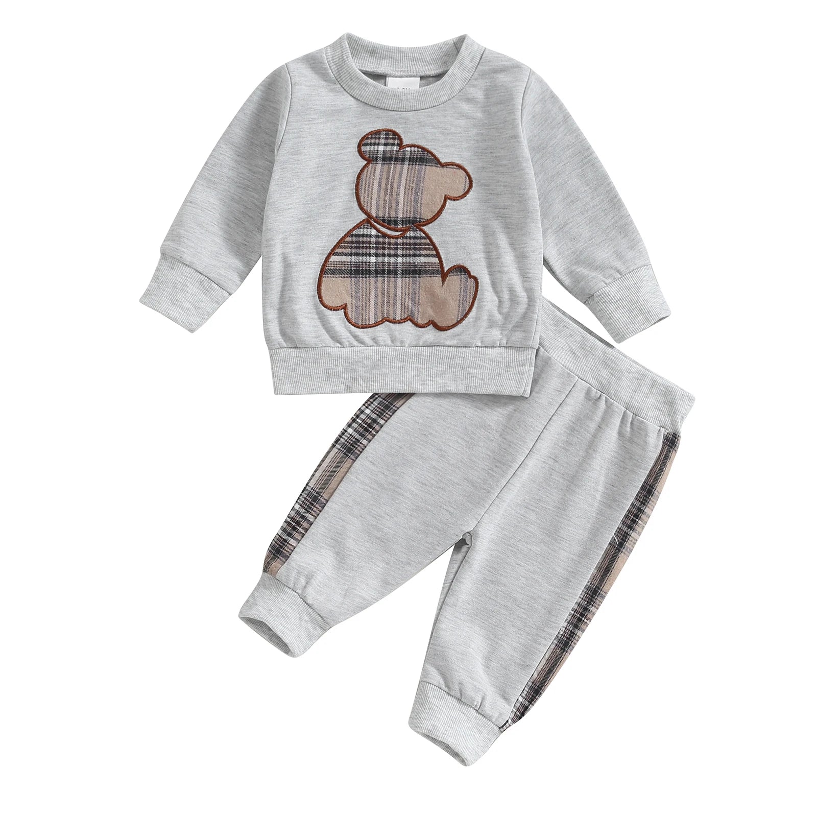 VISgogo Baby Girl Boy Clothes Spring Fall Outfits Long Sleeve Plaid Bear Sweatshirt Tops and Pants 2Pcs Casual Tracksuits