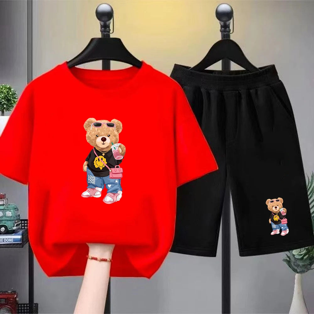 Little bear Print yellow Summer Short Sleeve Children Age 3-12 Girls boy Set white black Tshirt+Shorts 2pcs leisure Kids Set