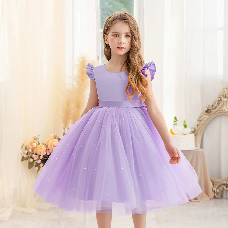 Flower Girl Dresses Birthday Tulle Dress Backless Bow Wedding Gown Kids Party Wear Princess Pink Baby Bowknot Toddler
