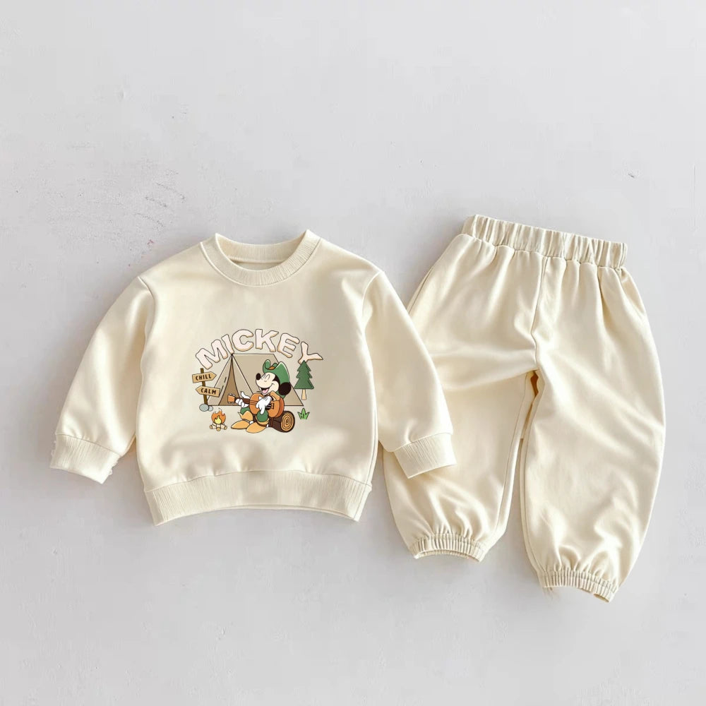 6m-6y Children's Clothes Spring New Mickey Sweatshirts Outfits Cartoon Fashion Solid Color Long Sleeve Tops + Pants 2piece/set