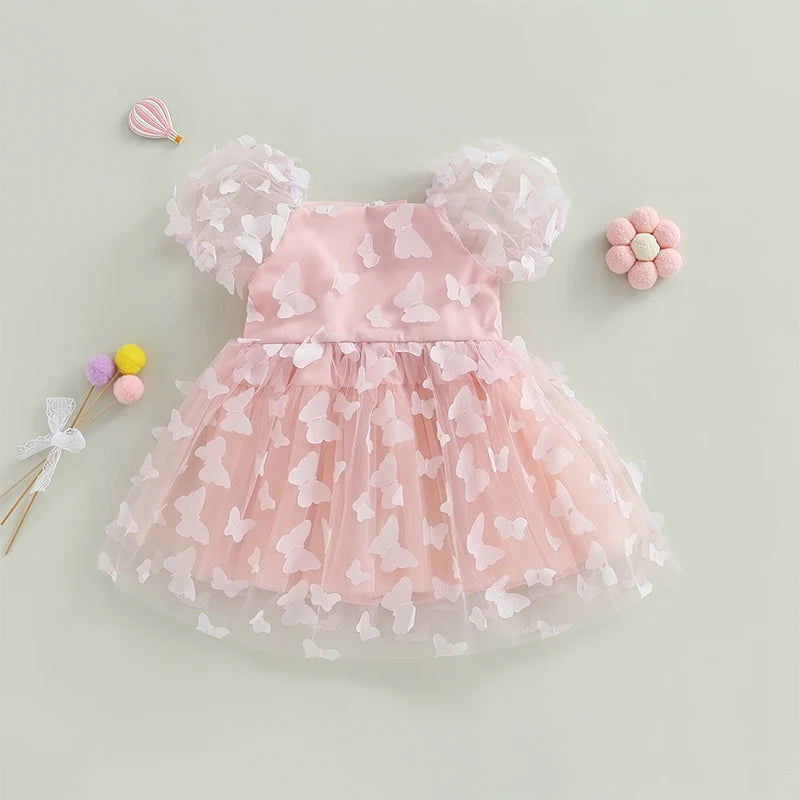 Kidsclick Baby Girl Princess A-Line Dress – Puff Sleeve Tulle Layered Dress with 3D Flower & Butterfly for Party & Birthday