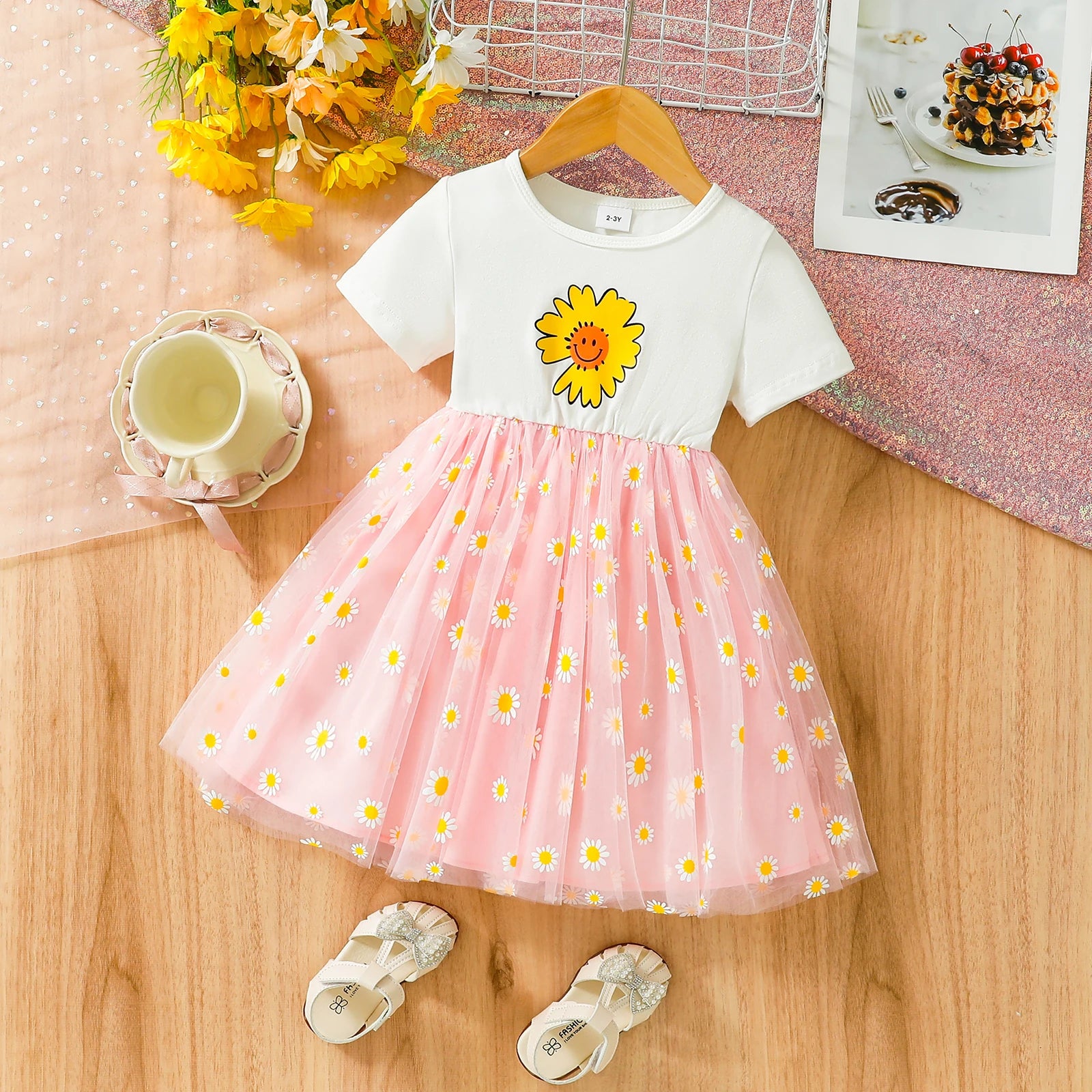 Kidsclick Girls Daisy Mesh Summer Dress – Sunflower Print Short Sleeve Kids Dress