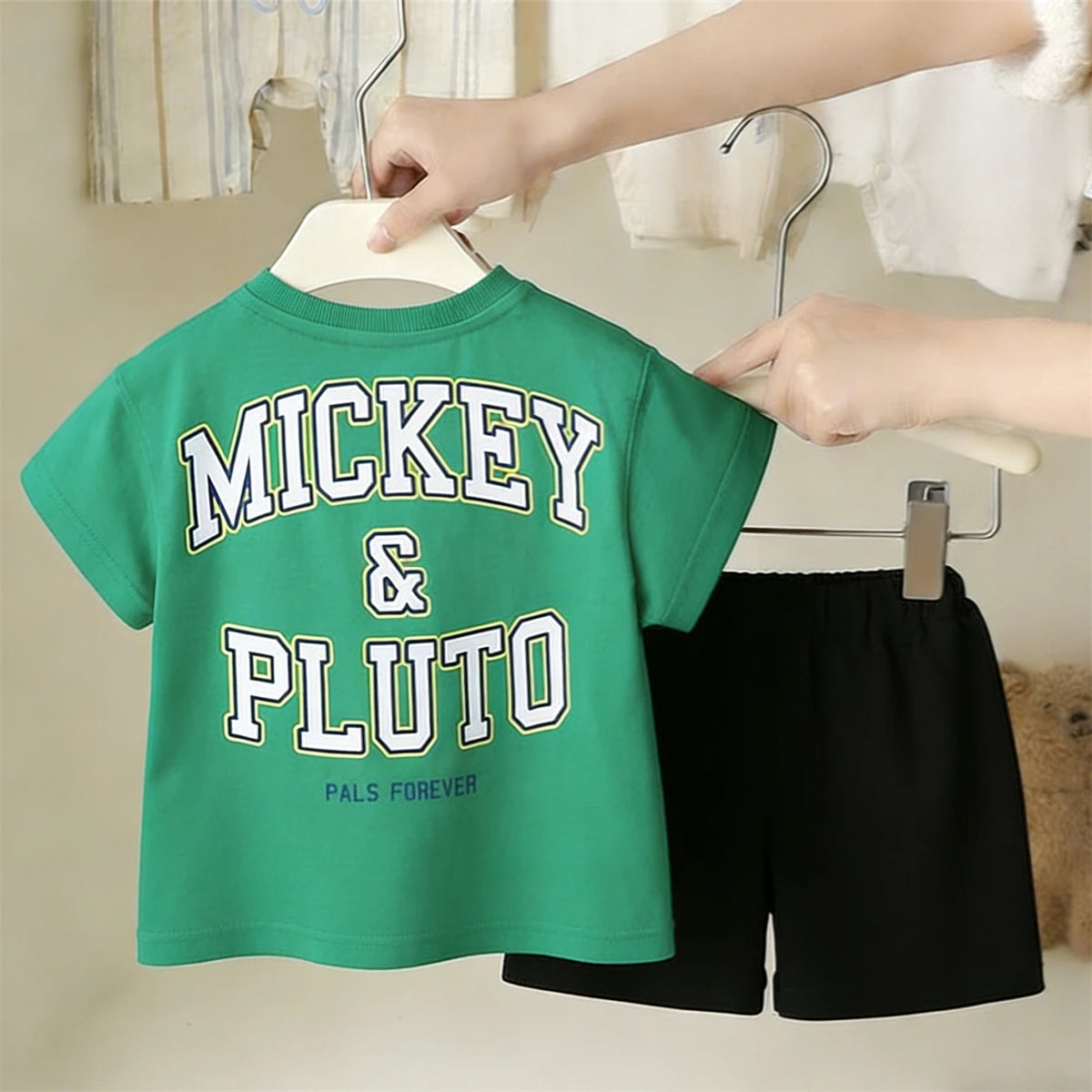 Kidsclick Kids’ Mickey Mouse T-Shirt & Shorts Set – Summer 2-Piece Outfit (Green Tee & Black Shorts)