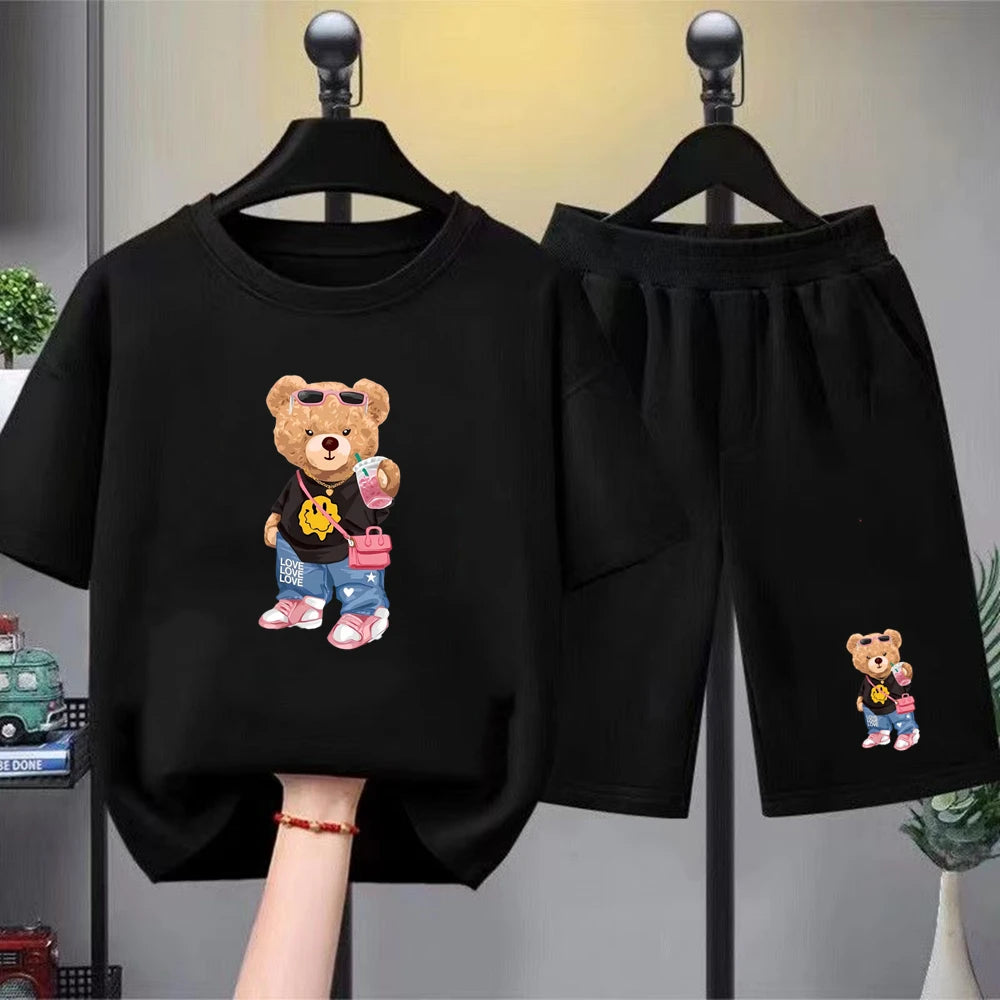 Little bear Print yellow Summer Short Sleeve Children Age 3-12 Girls boy Set white black Tshirt+Shorts 2pcs leisure Kids Set