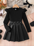 8-12Y Trendy Girls' Spring and Autumn Fashion Clothing Set: Girls' Solid Color Knitted Round Neck Flutter Sleeve Top + Pu Leather Pleated Skirt Set, Casual Daily Party Dress 2-Piece Set