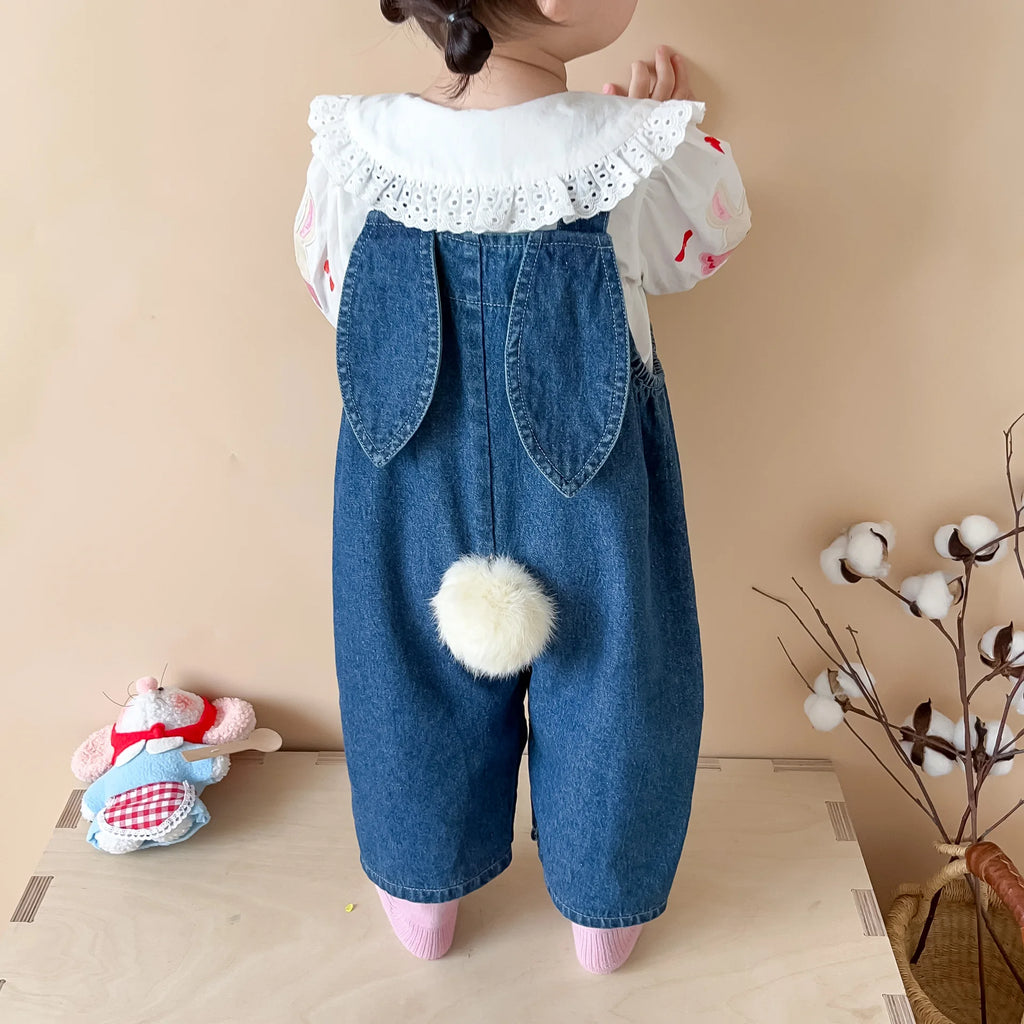 2025 Autumn New Baby Girl Sleeveless Denim Jumpsuit Toddler Girl Cute Rabbit Ear Overalls Infant Romper Kids Clothes 0-24M