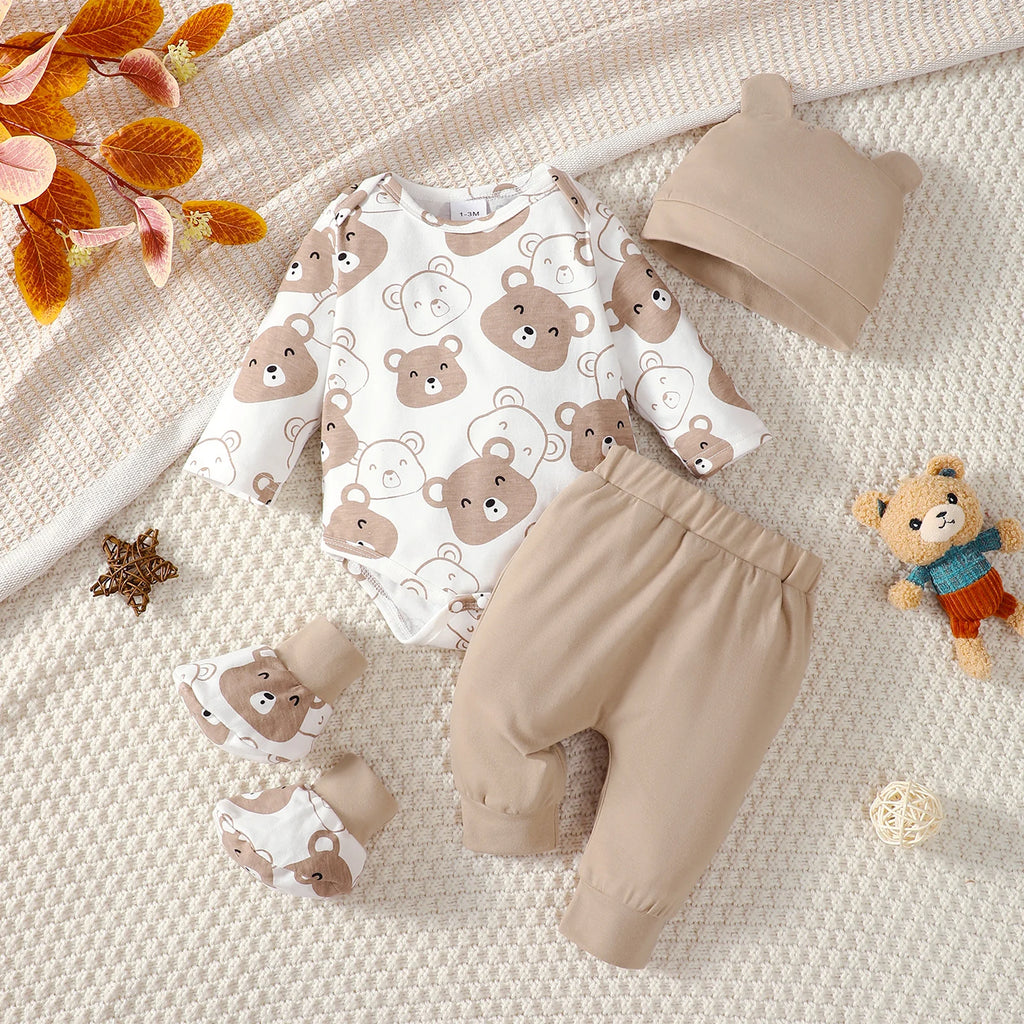 0-9 Months Baby Boy Set Little Bear Long Sleeve Bodysuit+Pants+Hat+Socks 4pcs/Set Baby Spring Autumn clothing Newborn