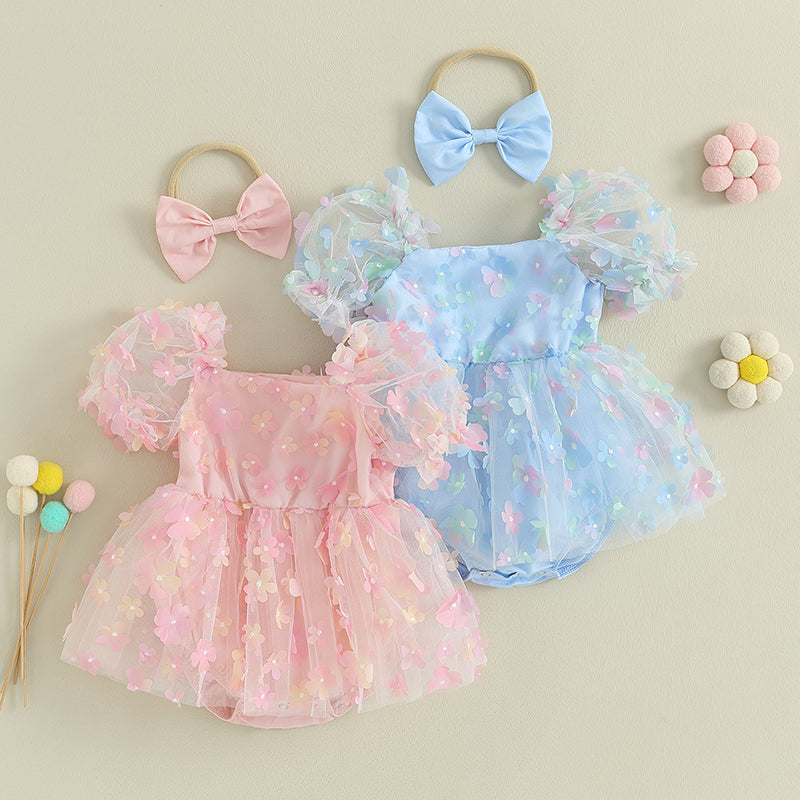 Kidsclick Baby Girls 2-Piece Summer Romper & Tulle Dress Set – Puff Sleeve 3D Flower Bodysuit with Bow Headband