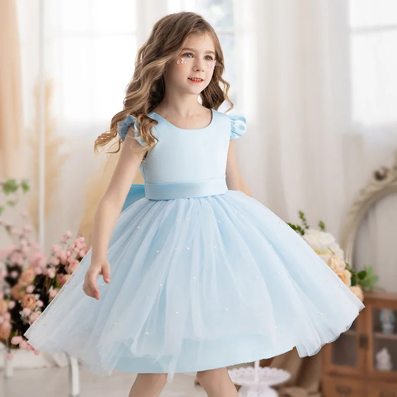 Flower Girl Dresses Birthday Tulle Dress Backless Bow Wedding Gown Kids Party Wear Princess Pink Baby Bowknot Toddler