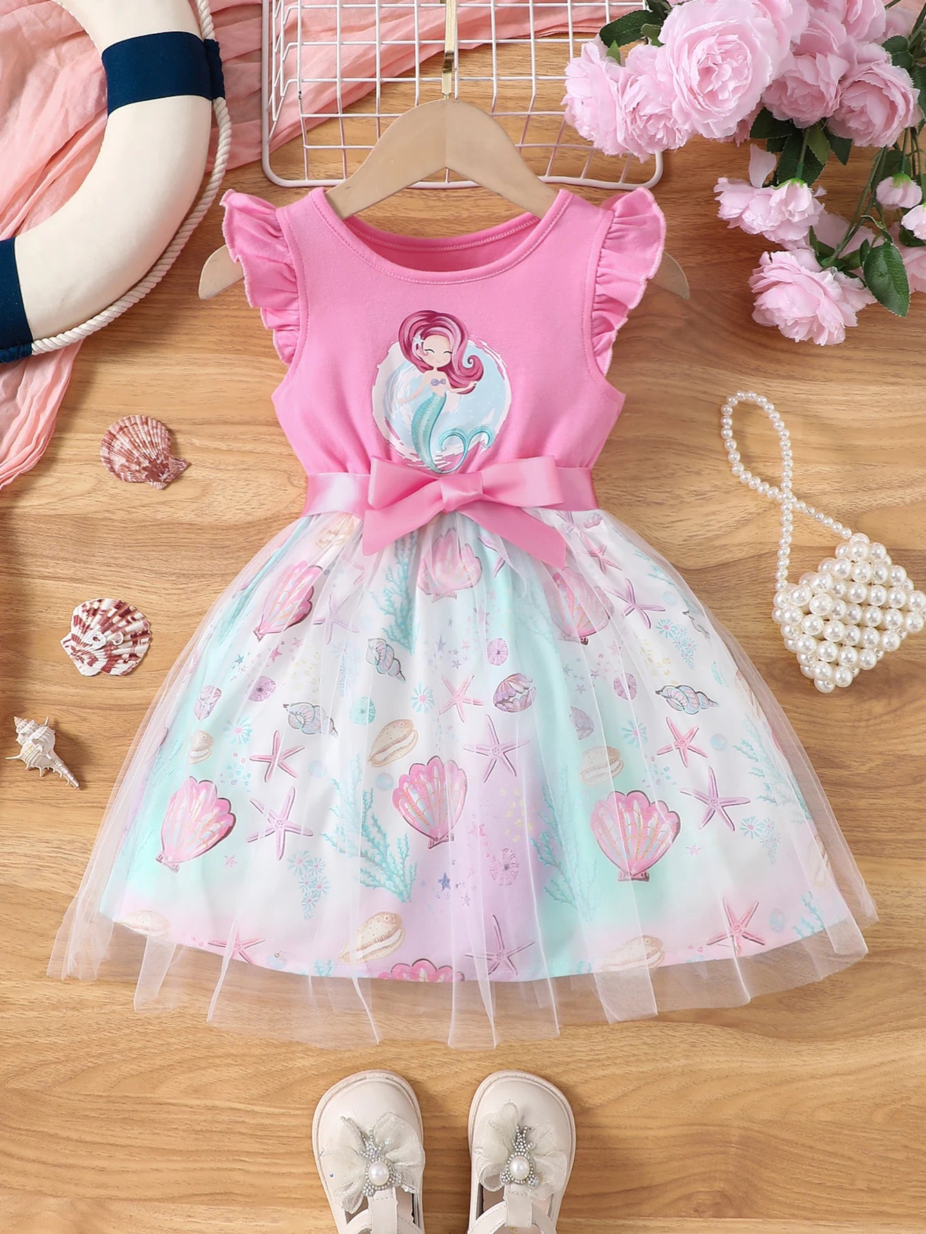 Kidsclick Girls Knitted Round Neck Mermaid Dress – Cartoon Mesh Summer Dress