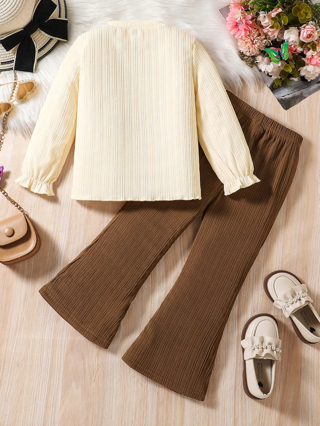 Autumn New Girl Cute Casual Elegant Set Ruffled Round Neck Long Sleeve Top+Solid Elastic Waist Loose Casual Trousers Suit