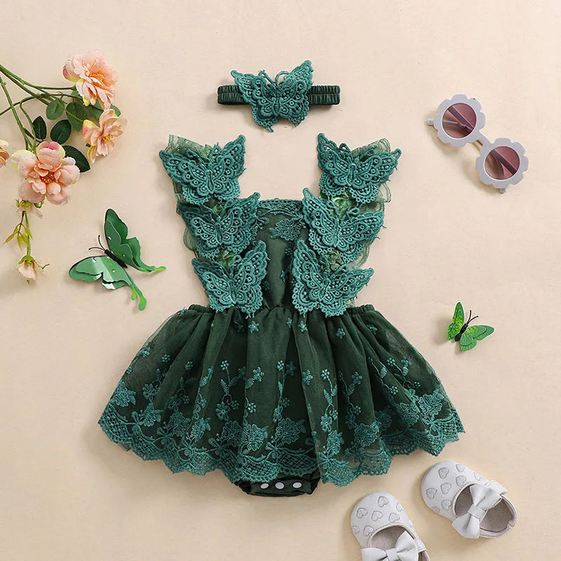 Infant Baby Girls Princess Rompers Dress Lace Butterfly Fly Sleeve Mesh Skirt Hem Jumpsuits with Headband Birthday Party Outfit