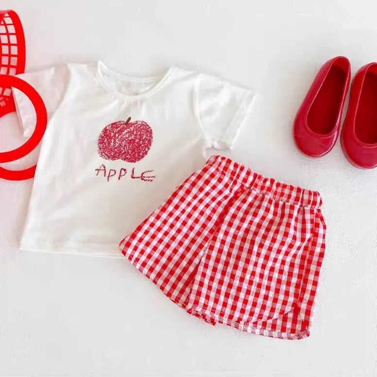 Kidsclick Baby Girl Fruit Print T-Shirt & Plaid Shorts Set – 2 Piece Summer Outfit