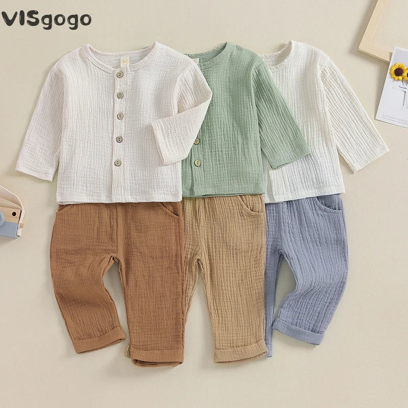 VISgogo 2pcs Kids Baby Boys Outfit Button Down Long Sleeve T-shirt with Solid Color Long Pants Linen Spring Fall Outfit
