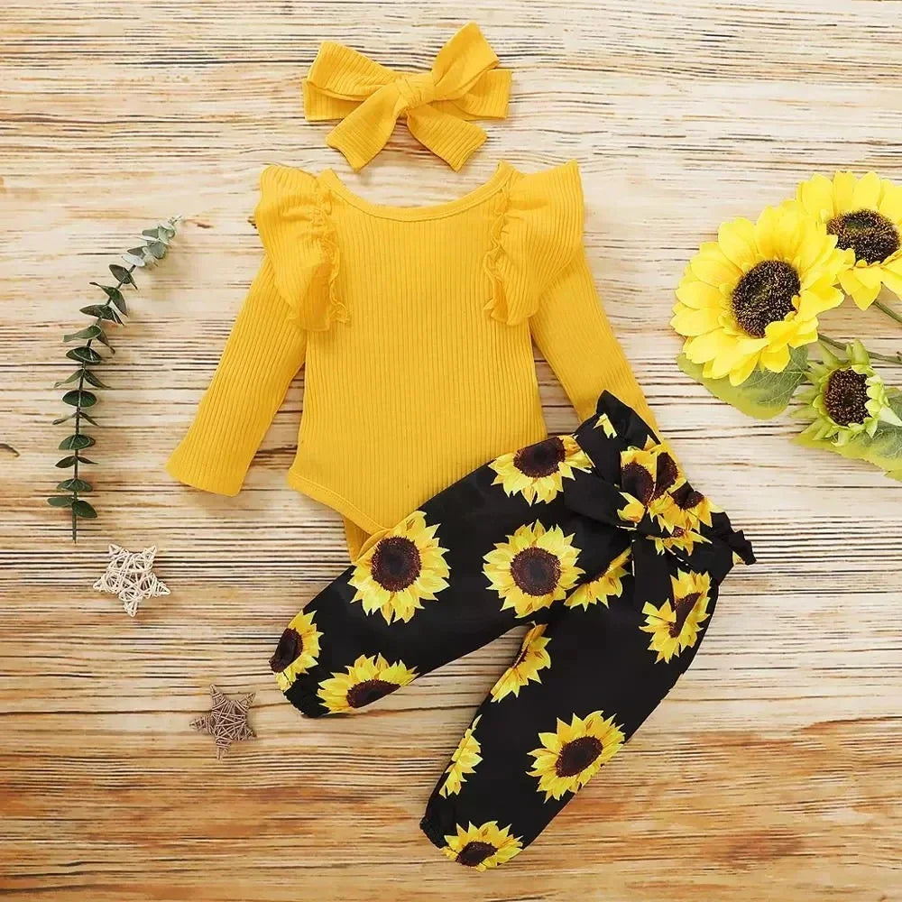 Toddler Newborn Baby Girl Clothes Set Long Sleeve Knitting Top Bodysuit Printed Love Heart Pants Headband Outfit