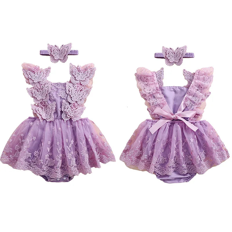 Infant Baby Girls Princess Rompers Dress Lace Butterfly Fly Sleeve Mesh Skirt Hem Jumpsuits with Headband Birthday Party Outfit