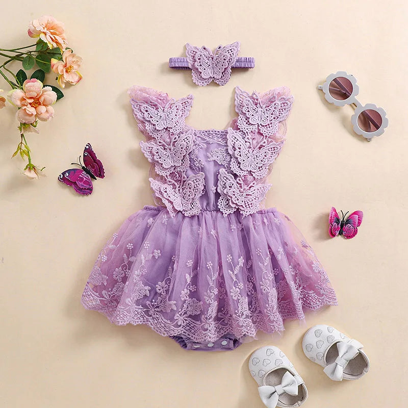 Infant Baby Girls Princess Rompers Dress Lace Butterfly Fly Sleeve Mesh Skirt Hem Jumpsuits with Headband Birthday Party Outfit