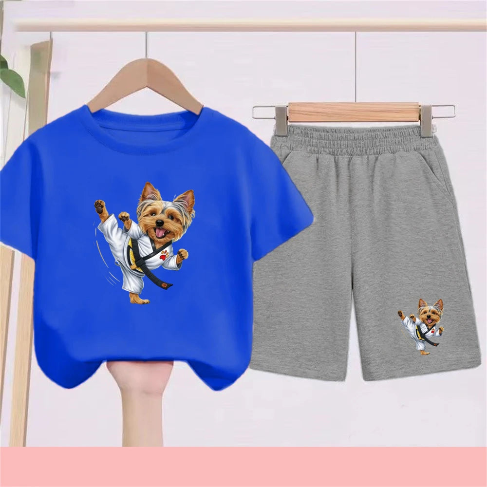 Kidsclick Kids’ Yorkie Dog Cartoon T-Shirt & Shorts Set – Summer 2-Piece Casual Outfit (Boys & Girls)