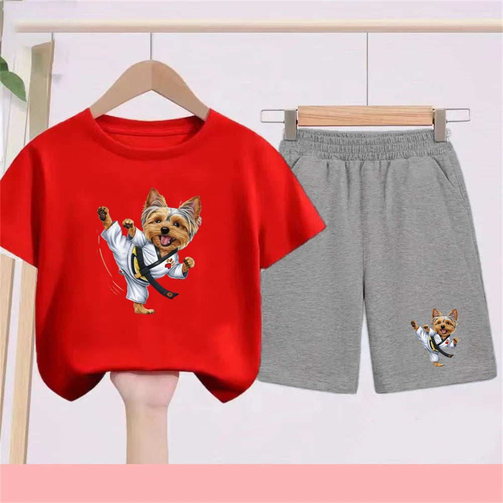 Kidsclick Kids’ Yorkie Dog Cartoon T-Shirt & Shorts Set – Summer 2-Piece Casual Outfit (Boys & Girls)