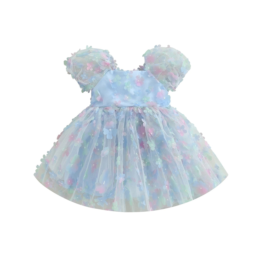 Kidsclick Baby Girl Princess A-Line Dress – Puff Sleeve Tulle Layered Dress with 3D Flower & Butterfly for Party & Birthday