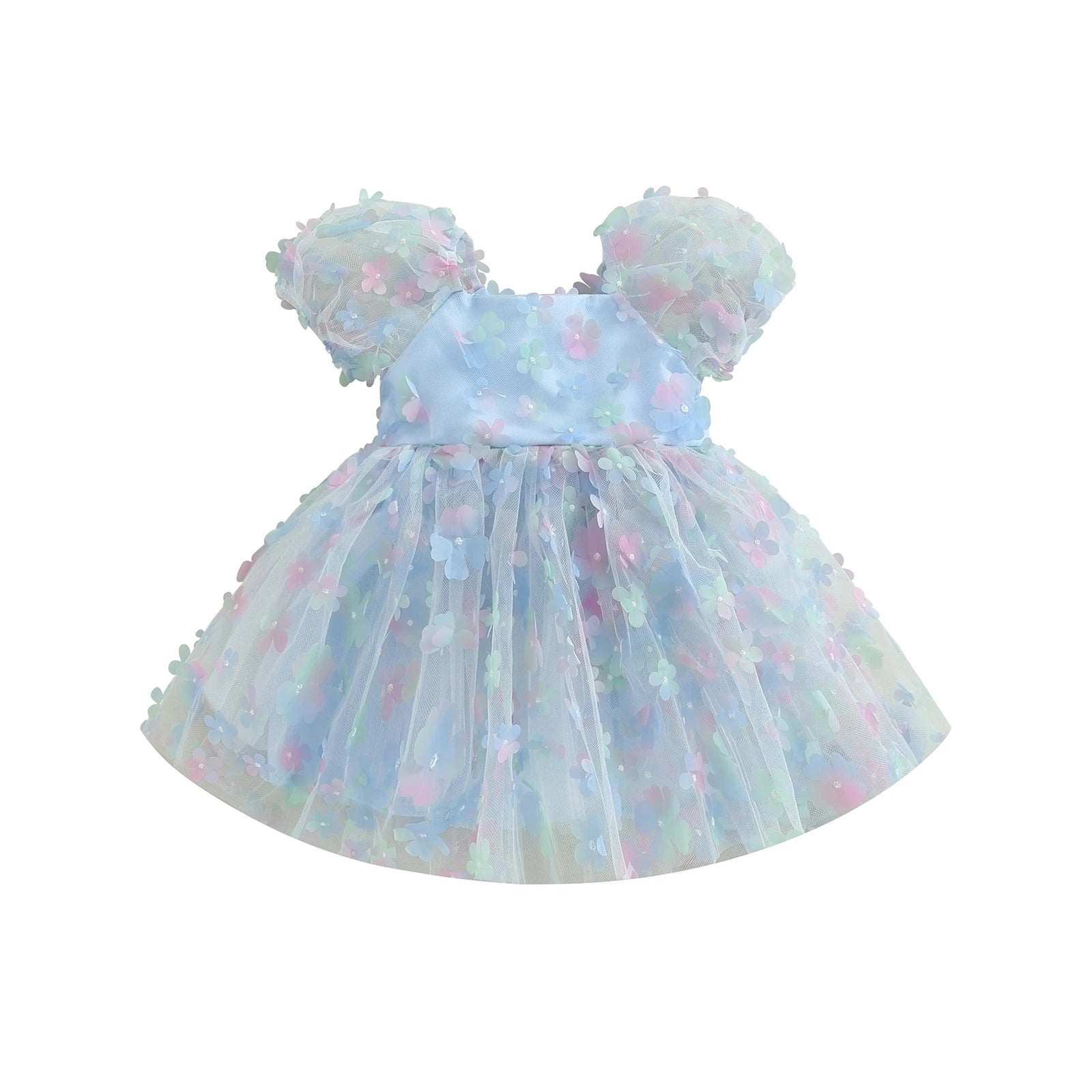 Kidsclick Baby Girl Princess A-Line Dress – Puff Sleeve Tulle Layered Dress with 3D Flower & Butterfly for Party & Birthday