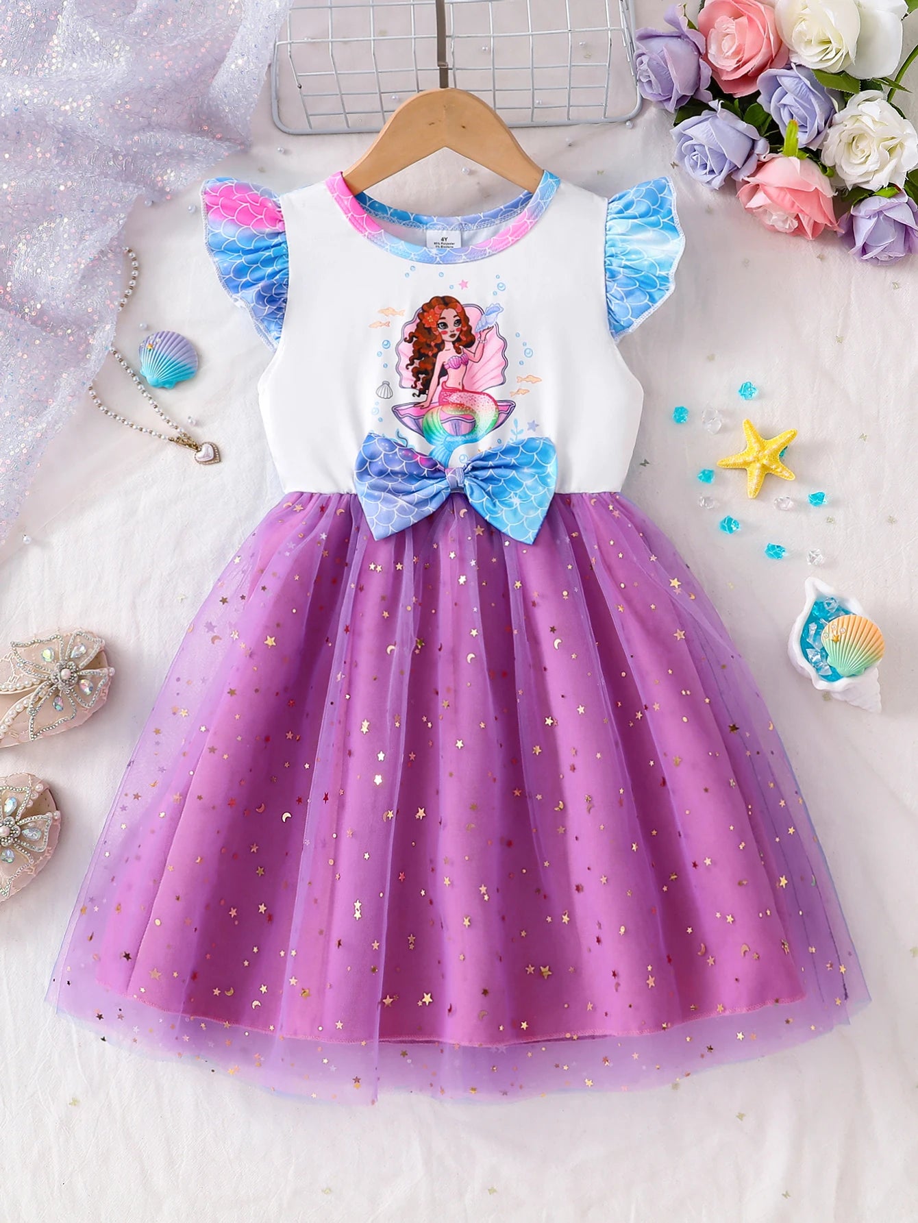 Kidsclick Girls Mermaid Print Summer Dress – Flutter Sleeve Casual Kids Dress