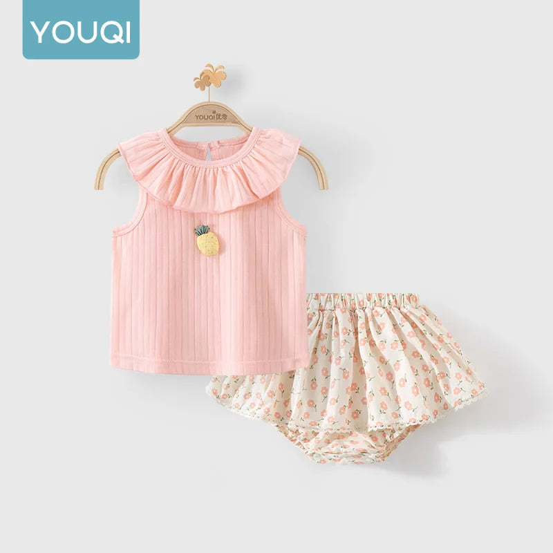 【Youqi】Chinese 0-2 Year Old Baby Girl Outfit Short-Sleeve Shorts Set New Style Baby Top Two-Piece Set Children's Fashionable Outfit