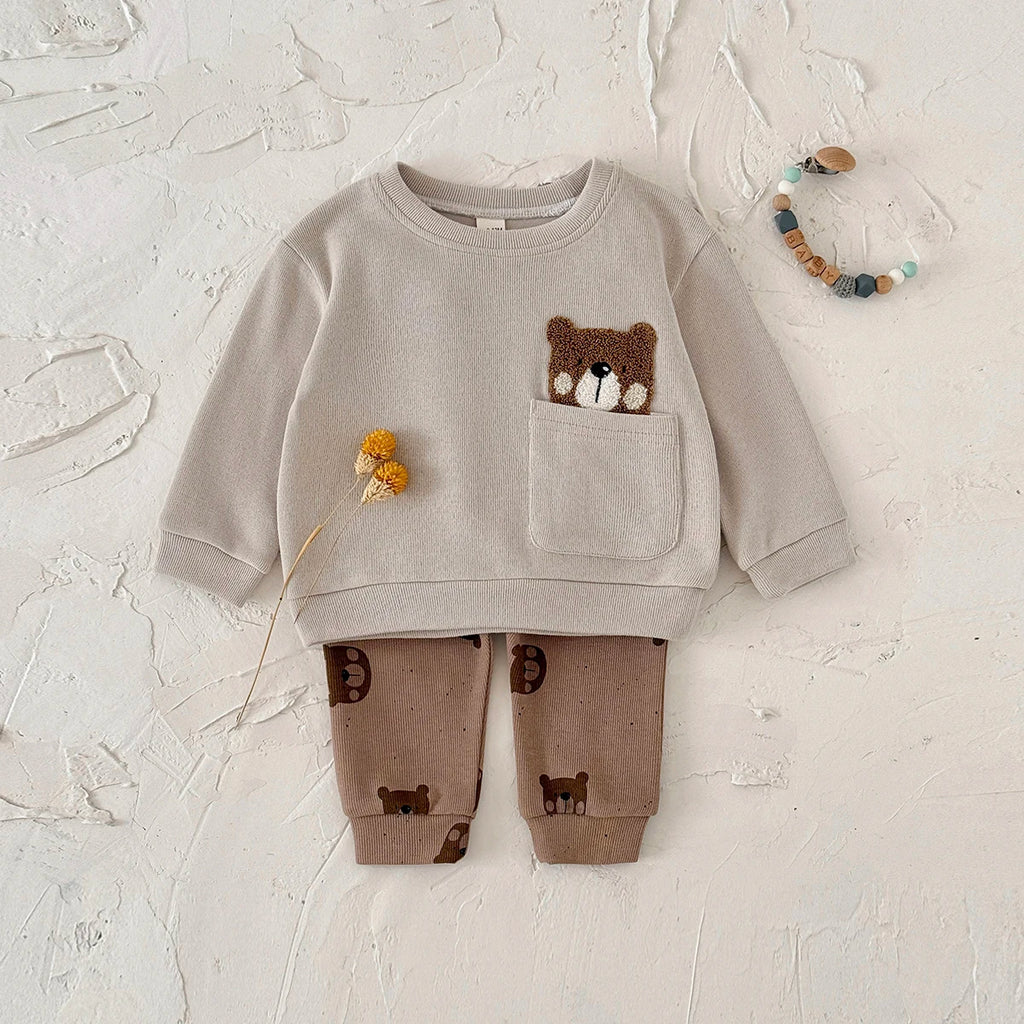 Korean Style Baby Boy Girl Clothes Set Breathable Fabric Bear Embroidery Pullover+All-over Bear Print Pants Infant Casual Outfit