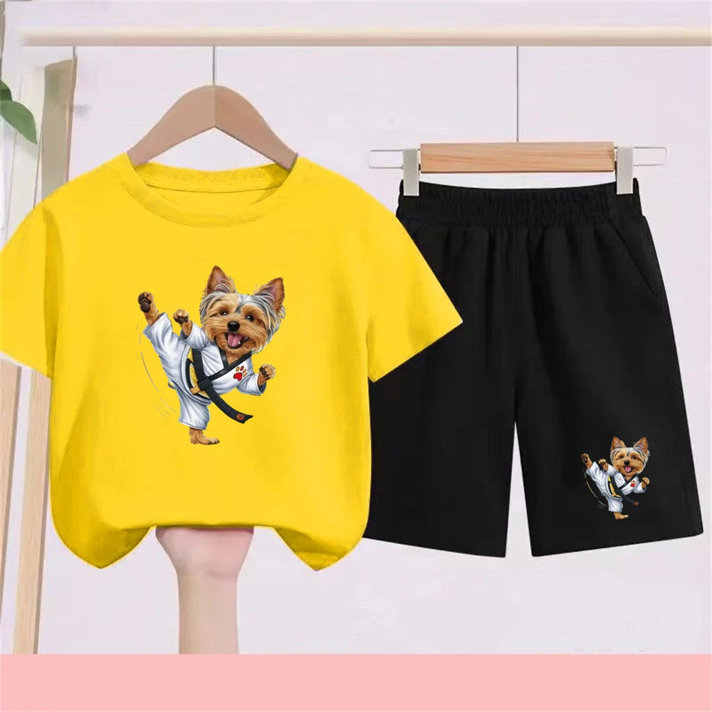 Kidsclick Kids’ Yorkie Dog Cartoon T-Shirt & Shorts Set – Summer 2-Piece Casual Outfit (Boys & Girls)
