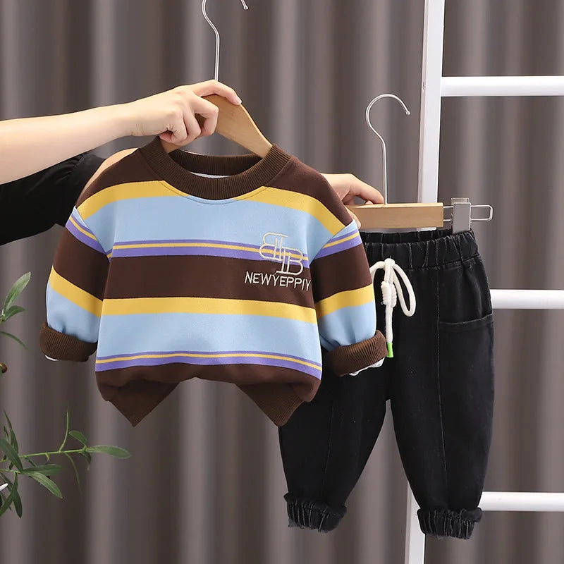 Kidsclick Toddler Boys’ 12-18 Months Christmas Two-Piece Outfit – Striped Long Sleeve Shirt & Pants Set