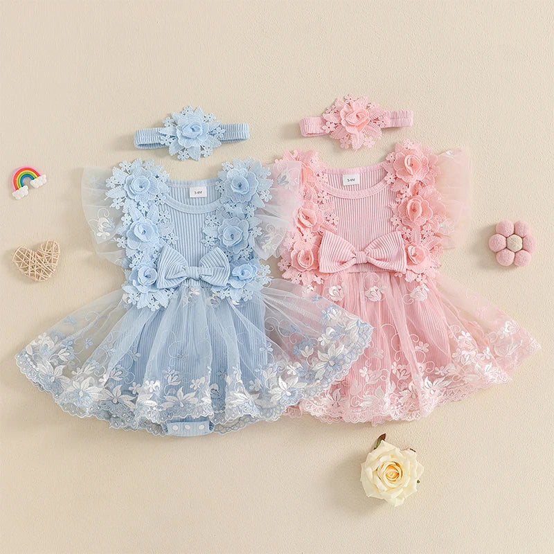 Kidsclick Baby Girl 3D Flower Embroidered Romper Dress with Headband