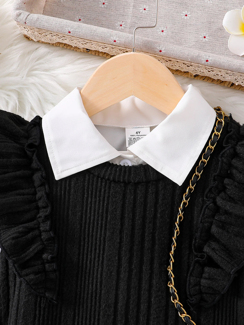 Girls Fashion Casual Dress Set Spring Autumn White Lapel Flower Sleeve Shirt Solid Color Knitted Wing Sleeve Dress