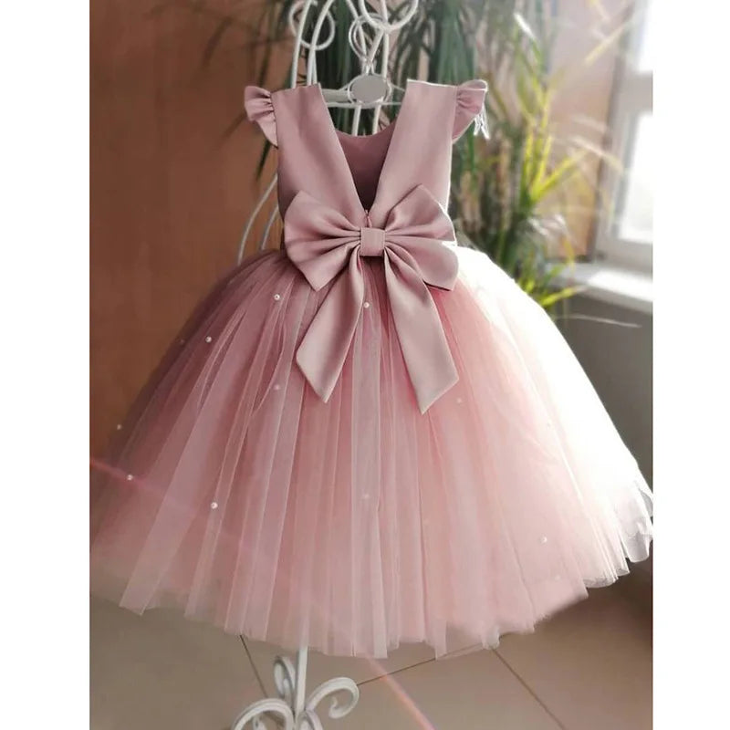 Flower Girl Dresses Birthday Tulle Dress Backless Bow Wedding Gown Kids Party Wear Princess Pink Baby Bowknot Toddler
