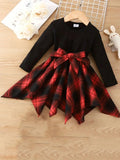 "Kids' Retro Plaid Dress | Black & Red Color Block with Big Bow Waist - Asymmetrical Hem Long-Sleeve Princess Dress"