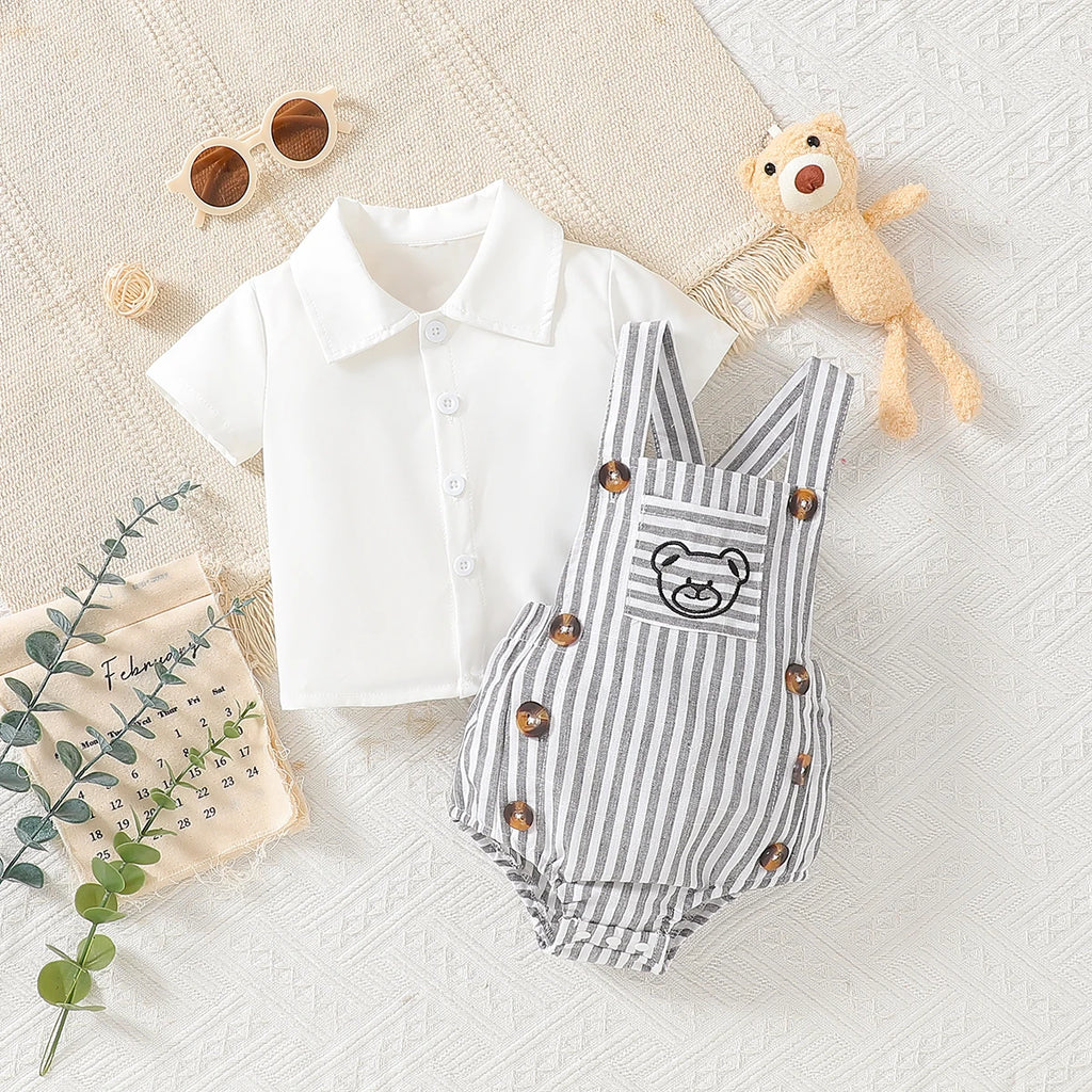 Infant Summer Thin Pack Diaper Coveralls Set for Baby Boys and Girls with Short Sleeve T-Shirt and Overalls Two-Piece Set