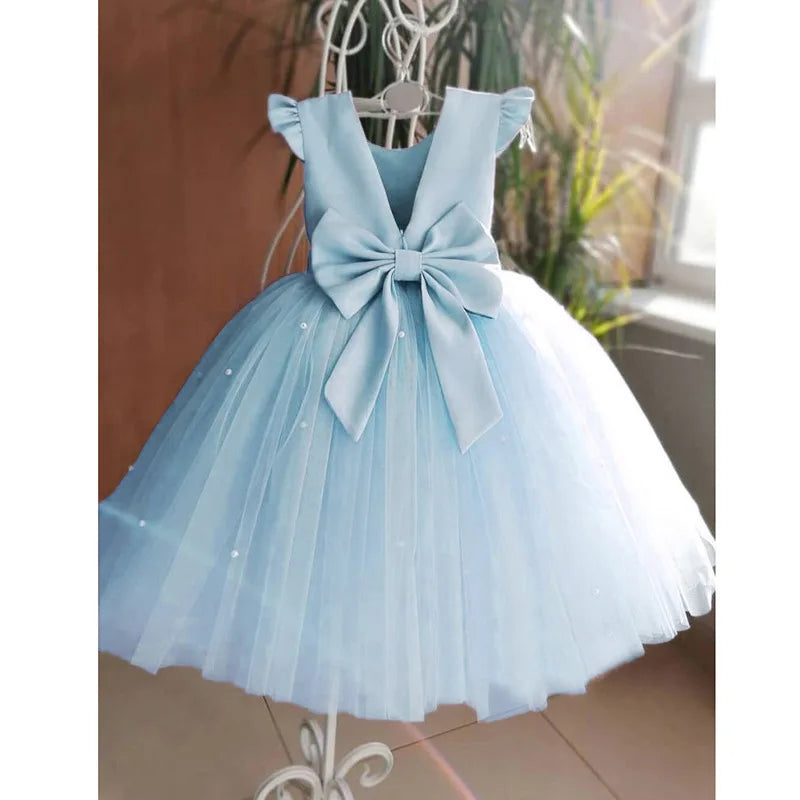 Flower Girl Dresses Birthday Tulle Dress Backless Bow Wedding Gown Kids Party Wear Princess Pink Baby Bowknot Toddler